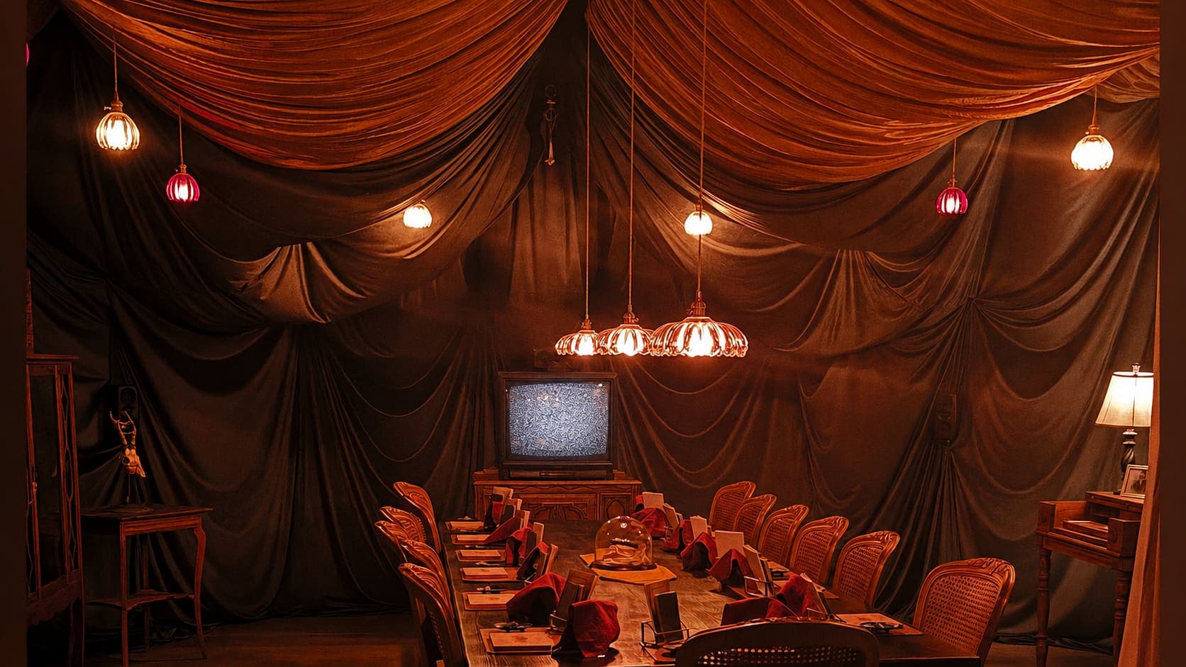 The séance chamber: a long table under draped velvet and glowing lamps.