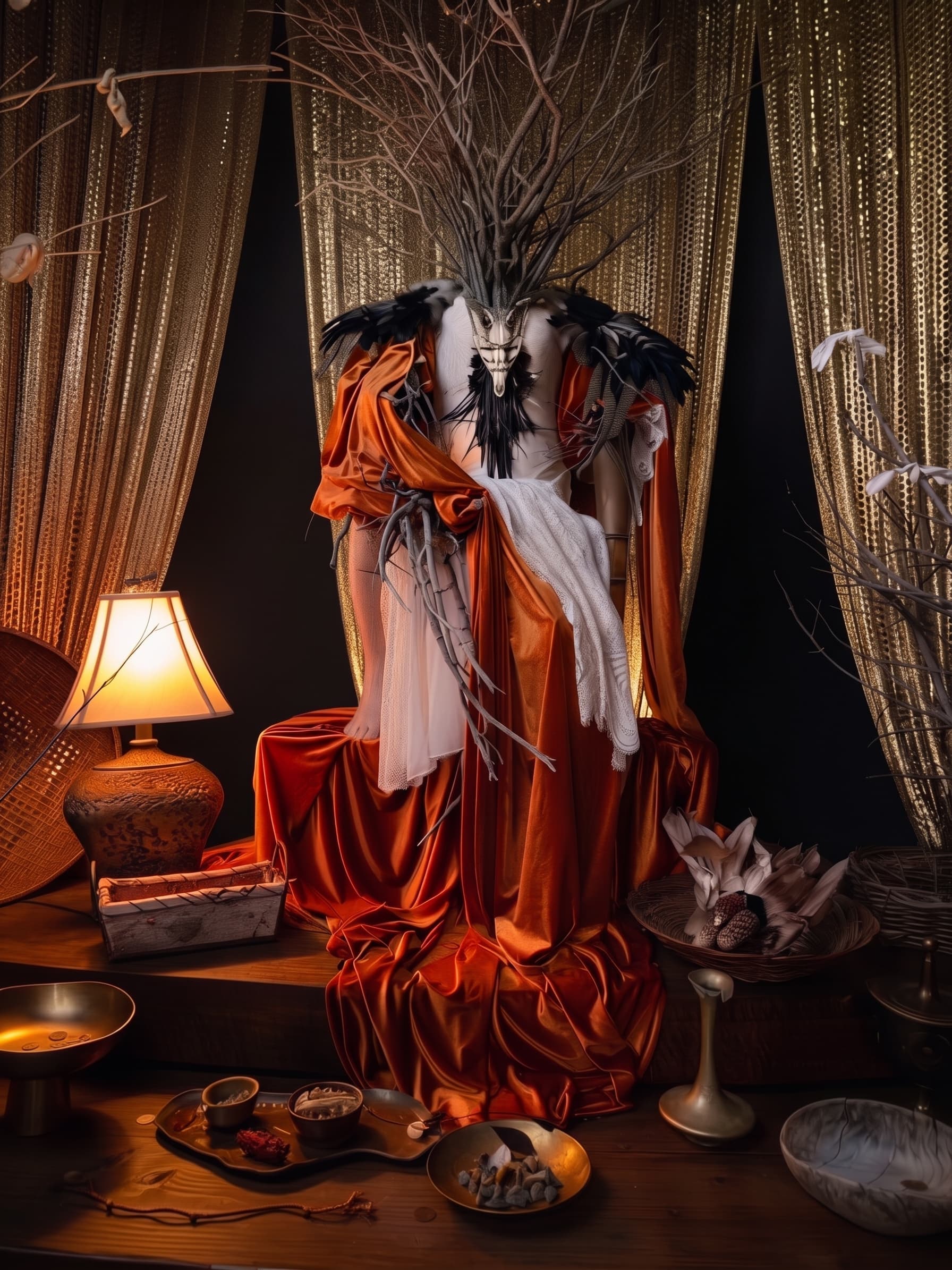 The effigy in rust-red velvet, crowned with branches and black feathers.